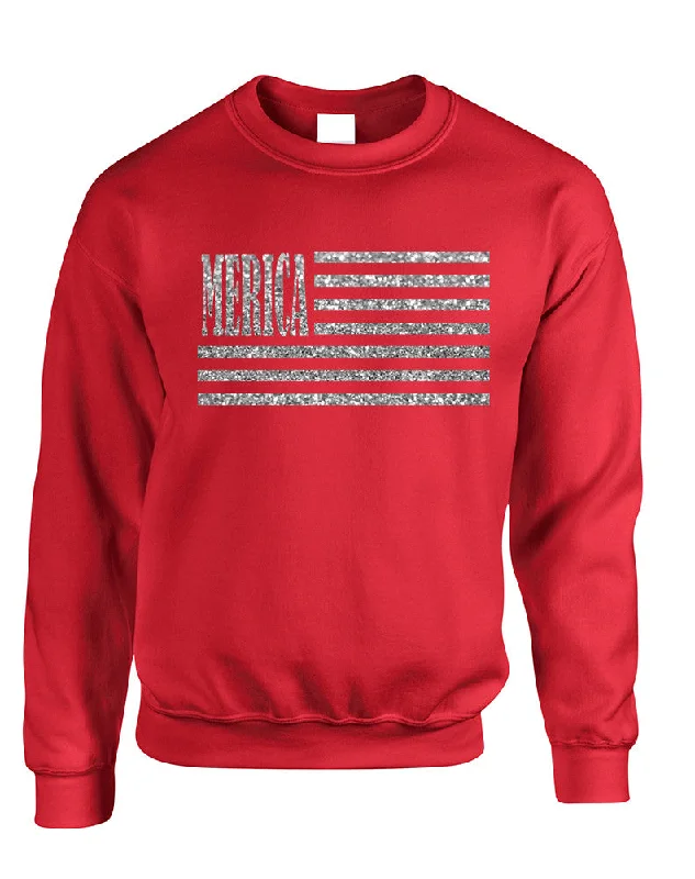 Adult Sweatshirt Merica Glitter Silver Flag 4th Of July USA Hoodie with Belted Waist Structured Tailored