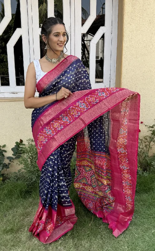 Women Party Wear Bandhej Print Pure Candy Cotton Silk Saree with Un Stitched Blouse Side Tie Blouse