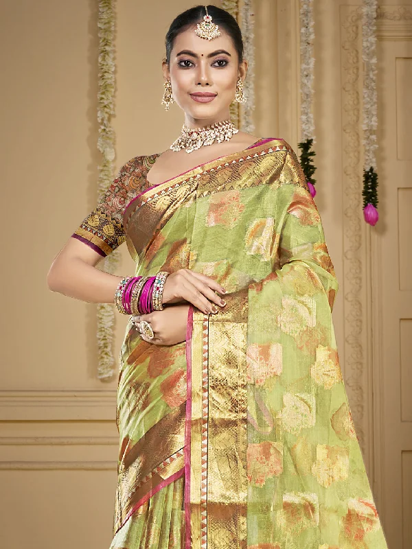 Women Light Green Organza Saree With Un Stitched Blouse Casual Relaxed Blouse