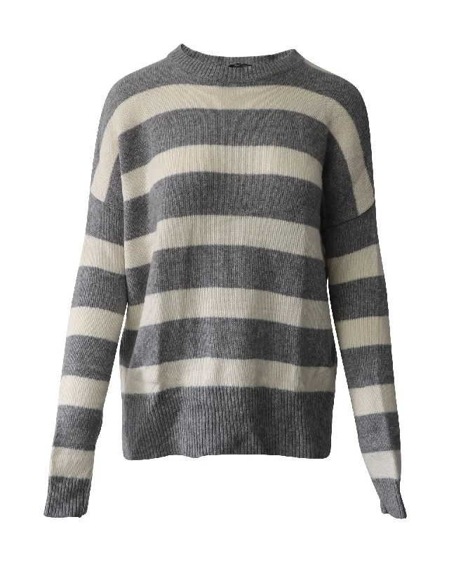 Theory Karenia Striped Sweater in Grey and Cream Cashmere Embroidered Appliqued Beaded Theory Karenia Striped Sweater in Grey and Cream Cashmere Embroidered Appliqued Beaded