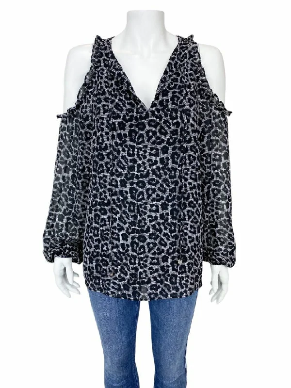 Michael Michael Kors, Women's Leopard Ruffle Blouse, Black/Grey, Size M Embroidered Cotton Blouse