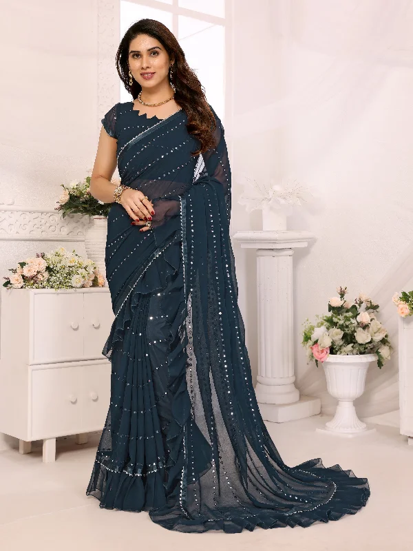 Women Rama Georgette Mirror Work Saree With Un-Stiched Blouse Double-Layered Blouse