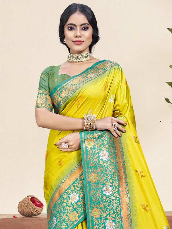 Women Yellow Silk Saree With Un Stitched Blouse Playful Puff Blouse