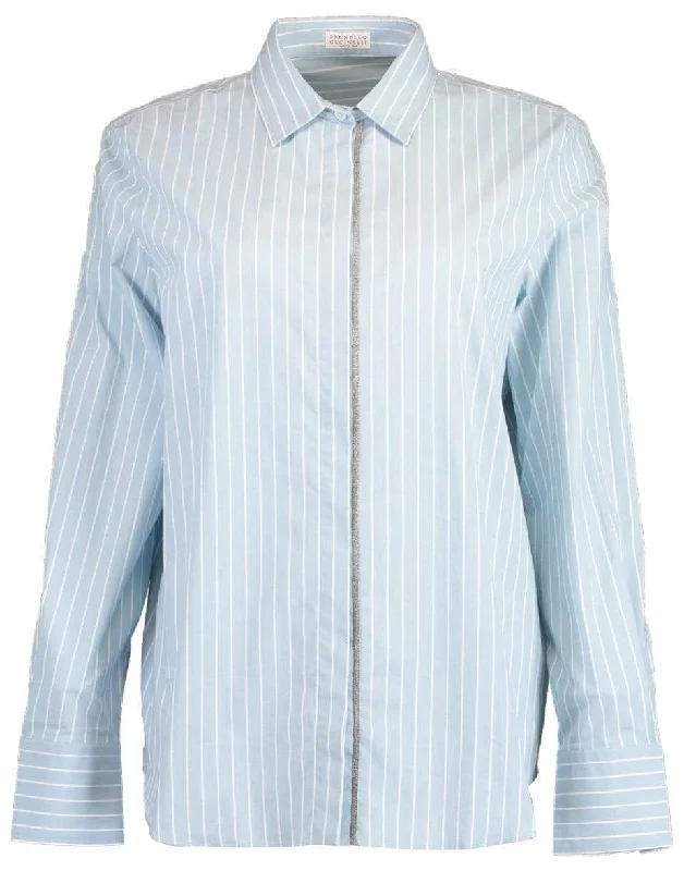 Poplin Stripe Monili Pocket Blouse Ruffled Neck Blouse