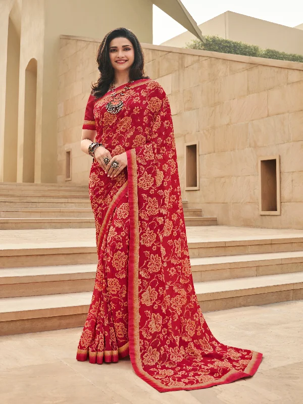 Women Red Georgette  Printed Saree With Un-Stiched Blouse Short Sleeve Blouse