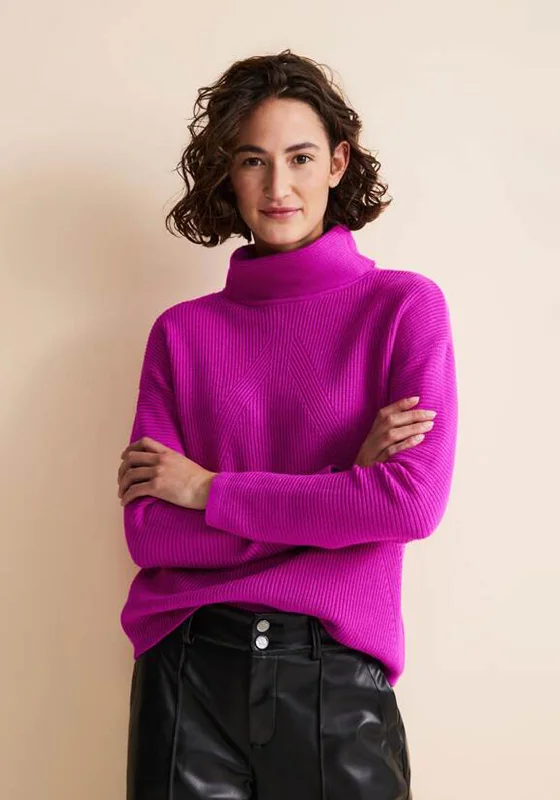 Street One Ribbed Turtleneck Sweater, Purple Cosy Pink Solid Print Embellished