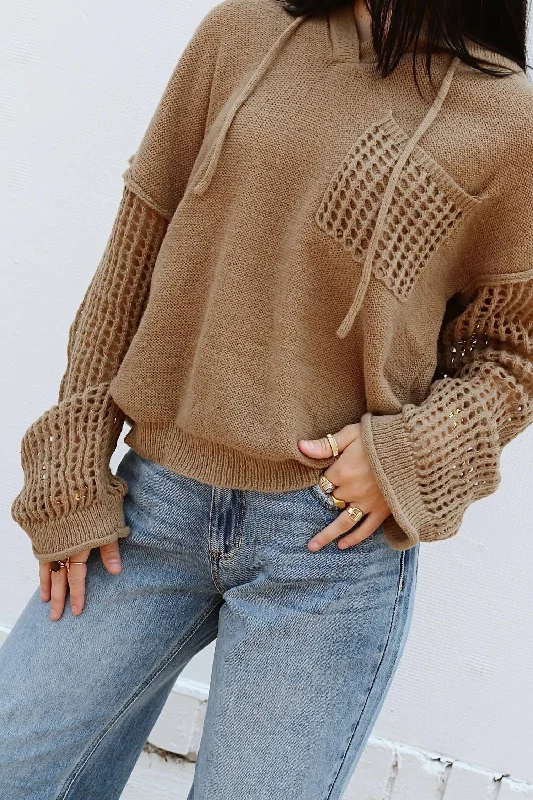 Crochet Pullover Hooded Sweater In Brown Knit Fabric Woven Fabric Fleece Fabric