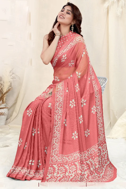 Women Peach Chinon Shiffon Printed Saree With Un-Stiched Blouse Airy Cotton Blouse
