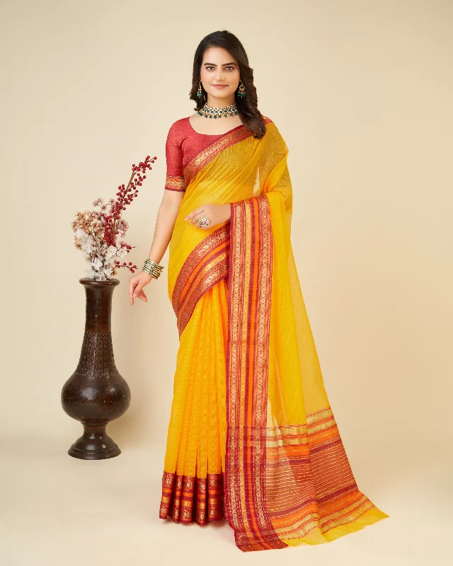 Women Yellow Kota Doriya Soft Silk Weaving Work Saree With Un-Stiched Blouse Feminine Pastel Blouse Women Yellow Kota Doriya Soft Silk Weaving Work Saree With Un-Stiched Blouse Feminine Pastel Blouse