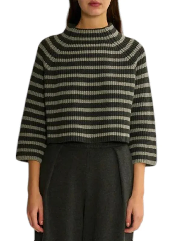 Fenna Stripe Sweater In Heather Charcoal Grey Satin Blend Silk Blend Wool Blend