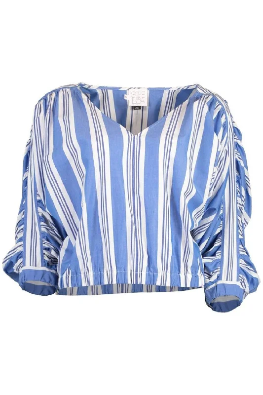 V-Neck Stripe Gathered Sleeve Blouse Lightweight Chiffon Blouse