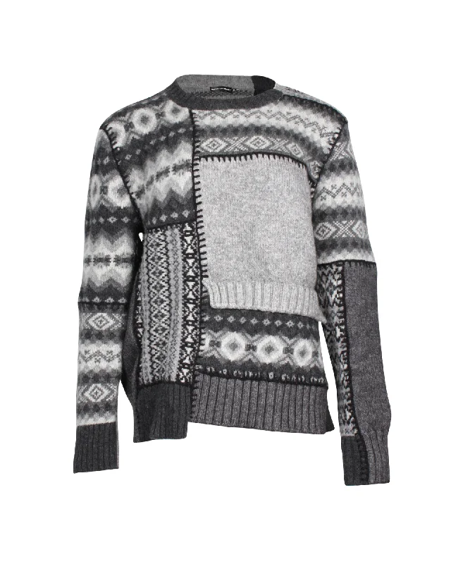 Alexander McQueen Patchwork Fair Isle Sweater in Grey Wool Jersey Fabric Tulle Fabric Batik Fabric