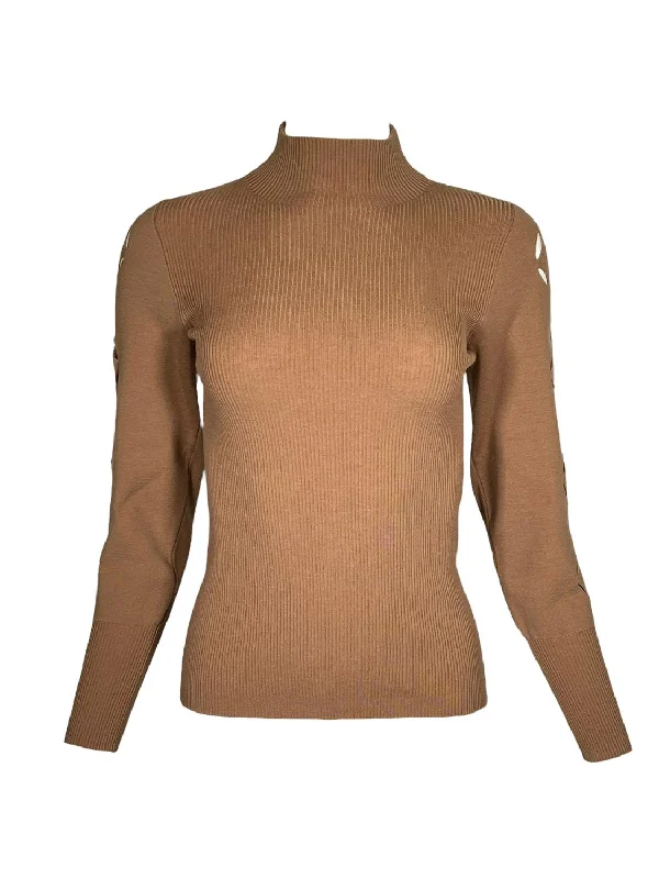 Women Laser Cut Stretch Merino Sweater In Camel Oversized Loose Flowy