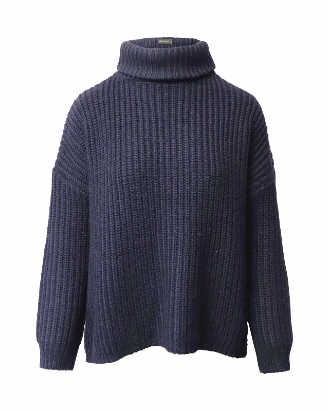 Zadig & Voltaire Turtleneck Knitted Sweater in Navy Blue Acrylic Open Front Closed Front Wrap Front