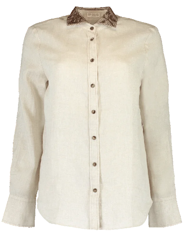 Embroidered Linen Western Blouse Delicate Pleat Blouse