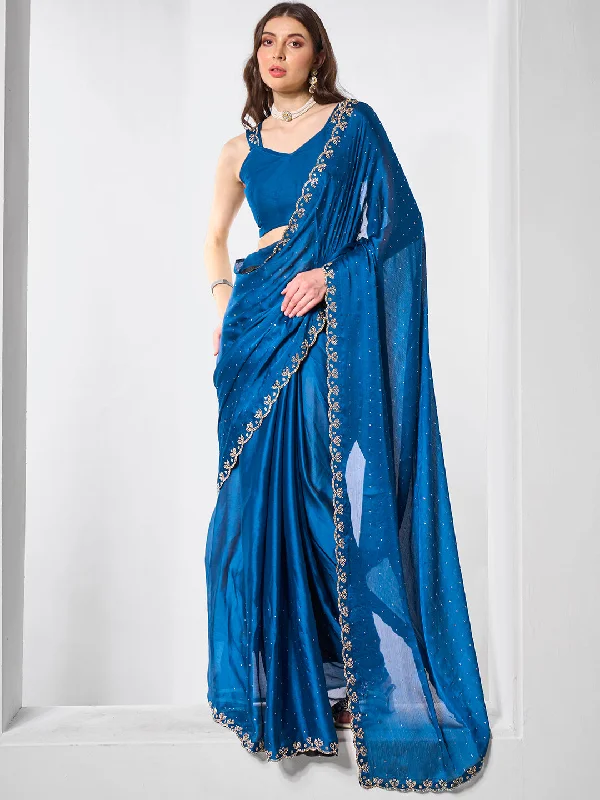 Women Party Wear Diamond Worked Satin Chiffon Saree with Un Stitched Blouse Off-Shoulder Wrap Blouse