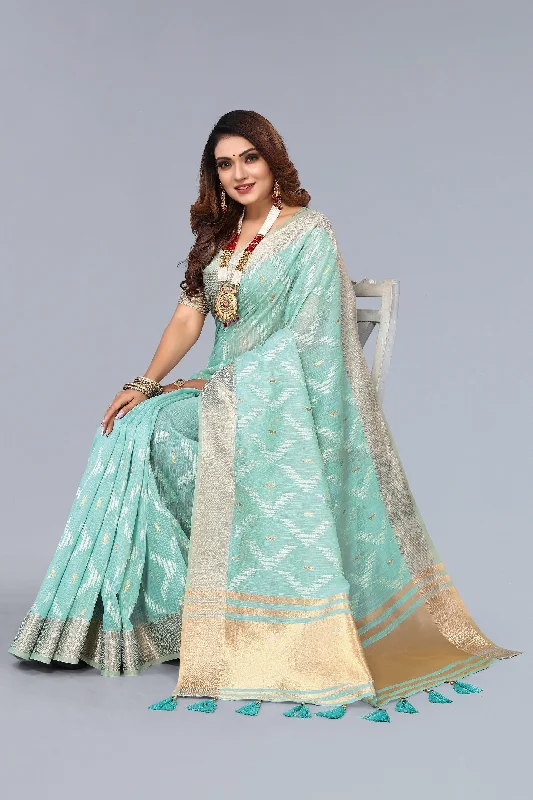 Women Party Wear Embroidery Worked Linen Cotton Saree with Un Stitched Blouse Lightweight Tunic Blouse
