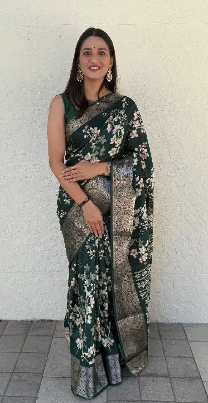 Women Party Wear Flower Printed Dhola Silk Saree with Un Stitched Blouse Floral Chiffon Blouse