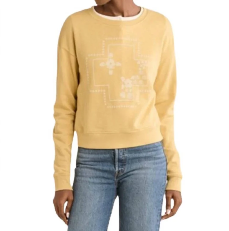 Graphic French Terry Pullover Sweater In Yellow Satin Fabric Silk Fabric Chiffon Fabric