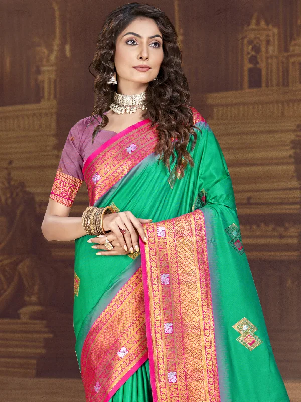 Women Teal Green Silk Saree With Un Stitched Blouse Ruched Sleeve Blouse