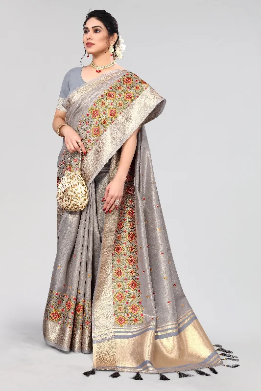 Women Party Wear Embroidery Worked Cotton Saree with Un Stitched Blouse Gathered Detail Blouse Women Party Wear Embroidery Worked Cotton Saree with Un Stitched Blouse Gathered Detail Blouse