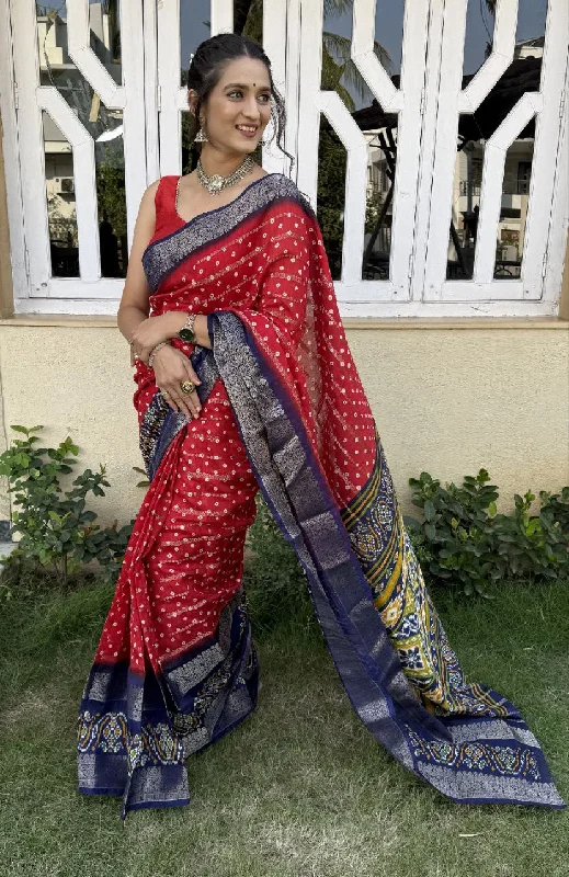 Women Party Wear Bandhej Print Pure Candy Cotton Silk Saree with Un Stitched Blouse Balloon Sleeve Blouse