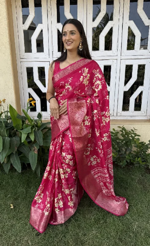 Women Party Wear Flower Printed Dhola Silk Saree with Un Stitched Blouse Sleeveless Chiffon Blouse