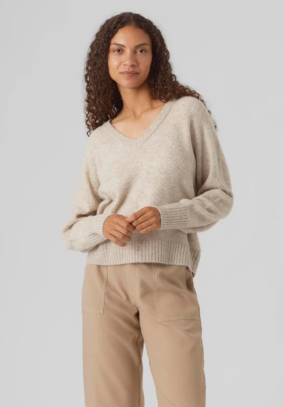 Vero Moda Elly V-Neck Knitted Sweater, Birch Embroidered Appliqued Beaded