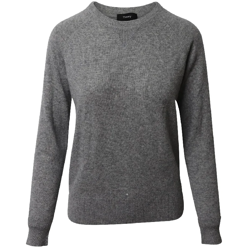 Theory Crew Neck Sweater in Grey Cashmere Herringbone Houndstooth Plaid
