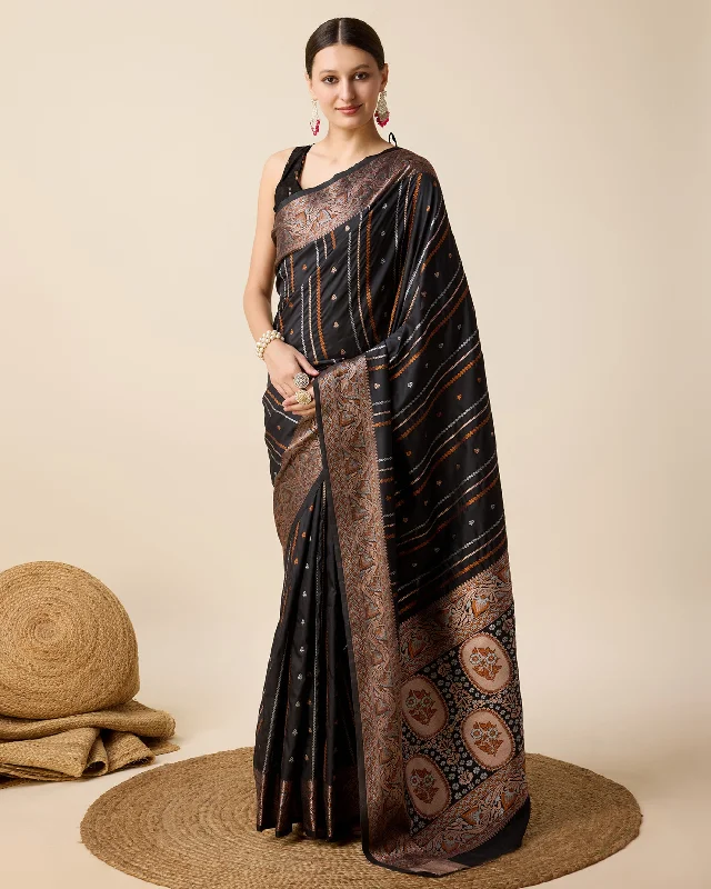 Women Black Pure Jacquard Zari Work Saree With Un-Stiched Blouse Collared Satin Blouse Women Black Pure Jacquard Zari Work Saree With Un-Stiched Blouse Collared Satin Blouse