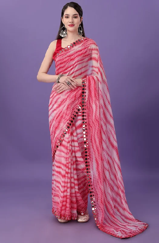 Women Pink Georgette Printed Saree With Un-Stiched Blouse Polished Work Blouse