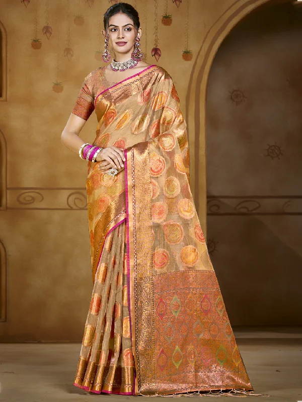 Women Brown Organza Saree With Un Stitched Blouse Soft Satin Blouse