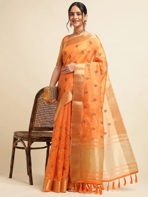 Women Party Wear Embroidery Worked Cotton Silk Saree with Un Stitched Blouse Classic White Blouse