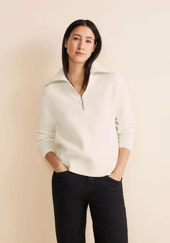 Street One Troyer Half Zip Knitted Sweater, Lucid White Thin Thick Dense