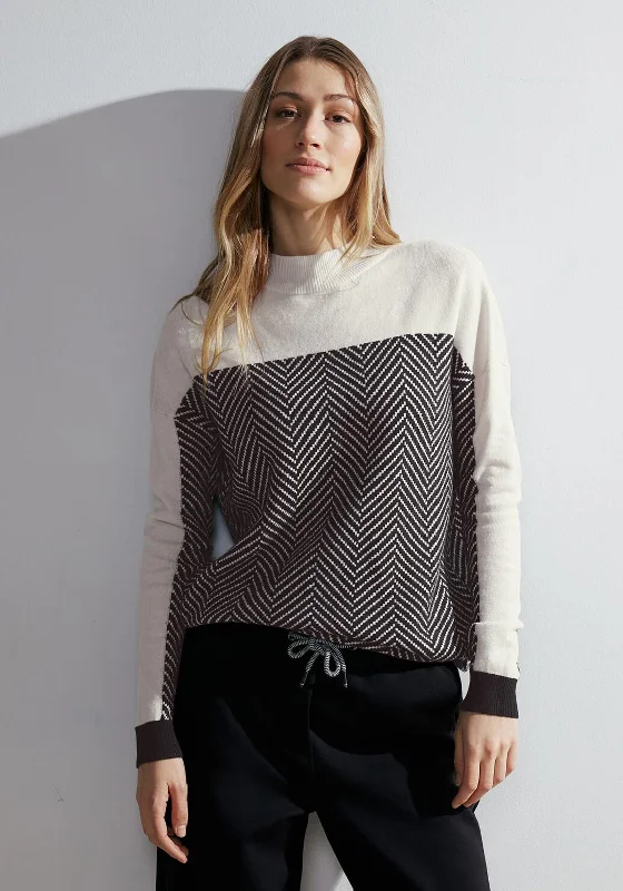 Cecil Herringbone High Neck Sweater, Black Fitted Loose Oversized
