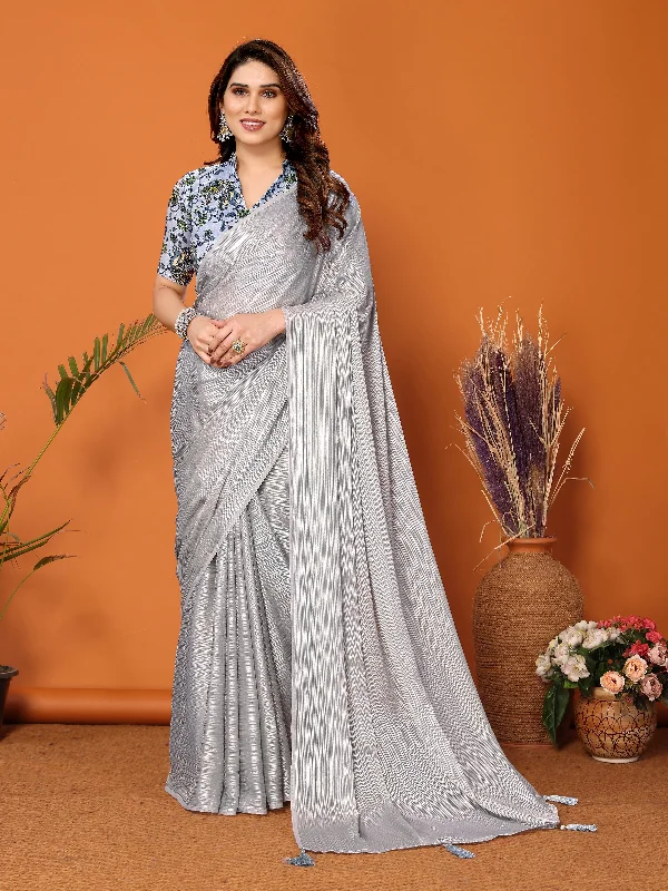 Women Grey Polyester Zari Plain Saree With Un-Stiched Blouse Pastel Color Blouse