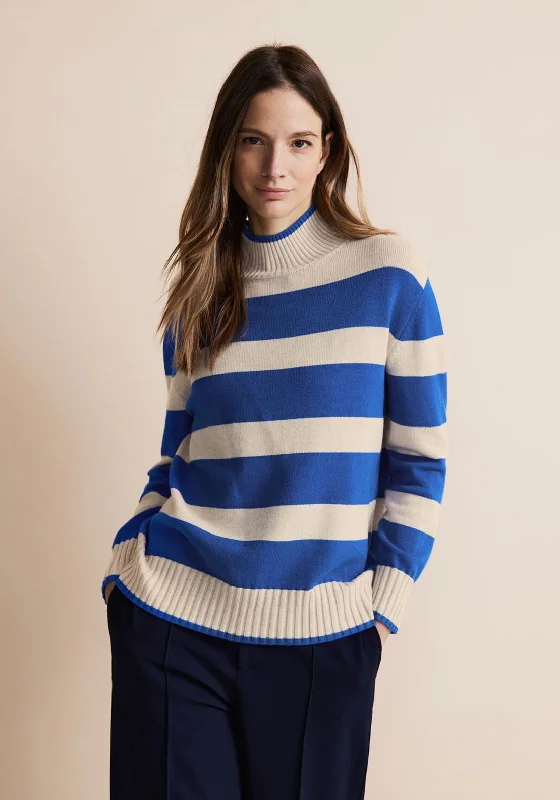 Street One High Neck Stripe Knit Sweater, Fresh Intense Blue Toggled Drawstring Belted Street One High Neck Stripe Knit Sweater, Fresh Intense Blue Toggled Drawstring Belted