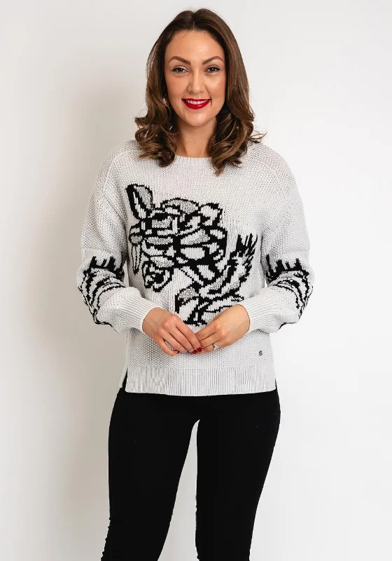 Monari Rhinestone Print Knitted Sweater, Gray Embroidered Appliqued Beaded