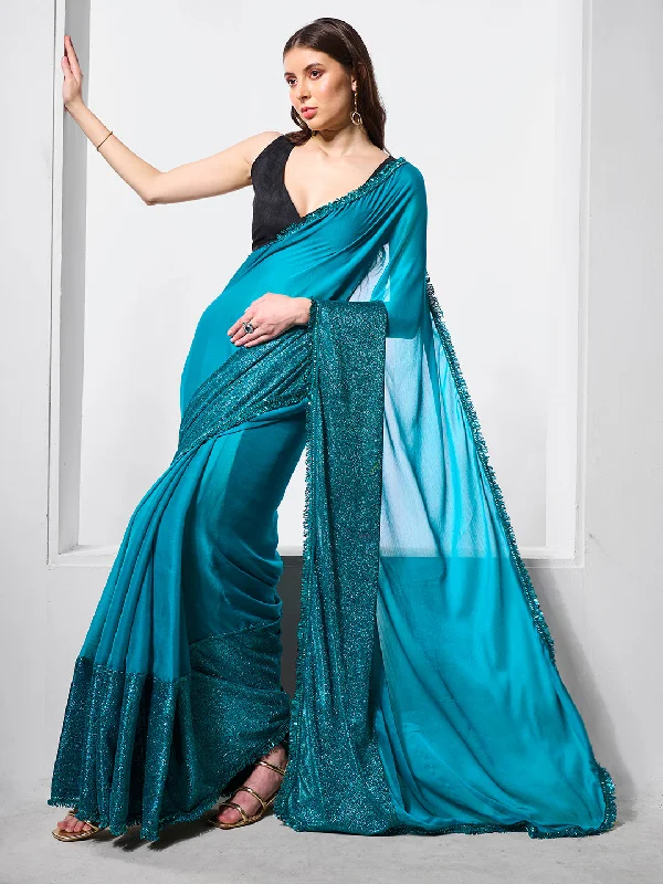 Women Party Wear Moss Chiffon Saree with Un Stitched Blouse Chic Square Blouse