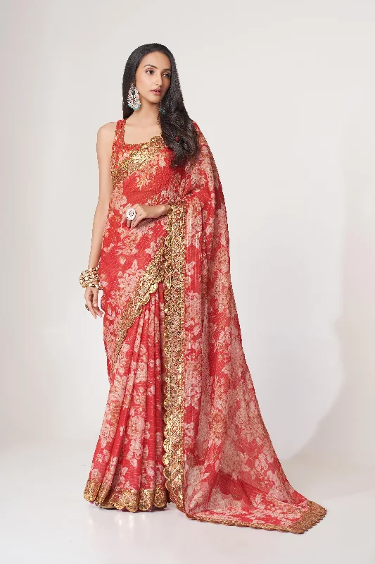 Women Red Organza Sequins Embroidery Work With Digital Print Saree With Un-Stiched Blouse Satin Drape Blouse Women Red Organza Sequins Embroidery Work With Digital Print Saree With Un-Stiched Blouse Satin Drape Blouse