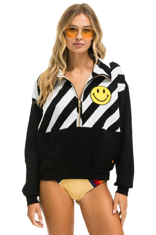 CAUTION SMILEY 2 EMBROIDERY FLEECE HALF ZIP SWEATSHIRT - BLACK // WHITE Hoodie with Hem Detail Decorative Unique CAUTION SMILEY 2 EMBROIDERY FLEECE HALF ZIP SWEATSHIRT - BLACK // WHITE Hoodie with Hem Detail Decorative Unique