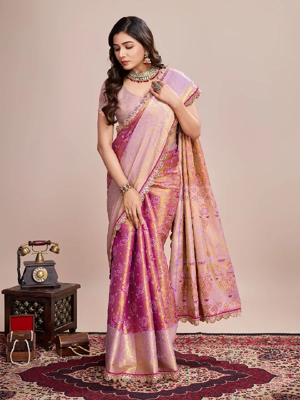 Women Party Wear Jari Weaving Worked Kanjivaram Silk Saree with Un Stitched Blouse Airy Cotton Blouse