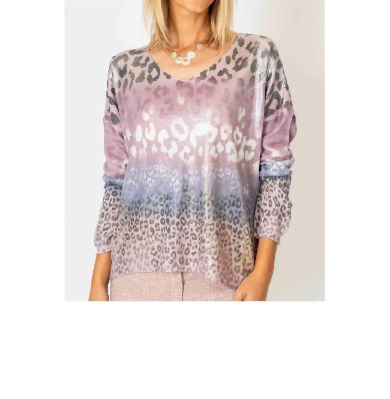 Shimmer V Neck Cheetah Print Sweater In Old Pink Toggled Drawstring Belted