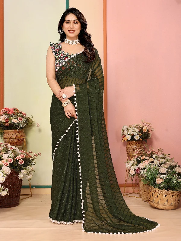 Women Mehendi Georgette Patta Plain Saree With Un-Stiched Blouse Drape Neck Blouse
