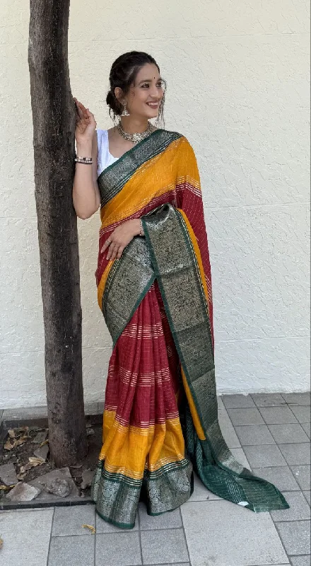 Women Party Wear Foil Chex Printed Dhola Silk Saree with Un Stitched Blouse Wrap Front Blouse