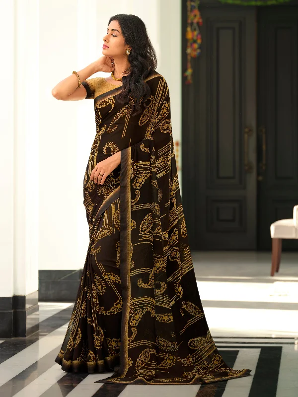 Women Dark Brown Georgette Printed Saree With Un-Stiched Blouse Sweetheart Neck Blouse Women Dark Brown Georgette Printed Saree With Un-Stiched Blouse Sweetheart Neck Blouse