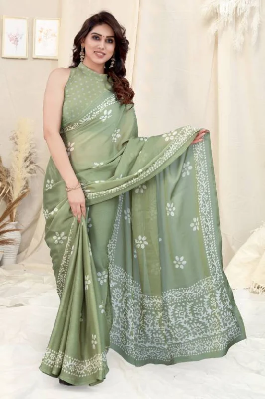 Women Pista Chinon Shiffon Printed Saree With Un-Stiched Blouse Classic White Blouse Women Pista Chinon Shiffon Printed Saree With Un-Stiched Blouse Classic White Blouse