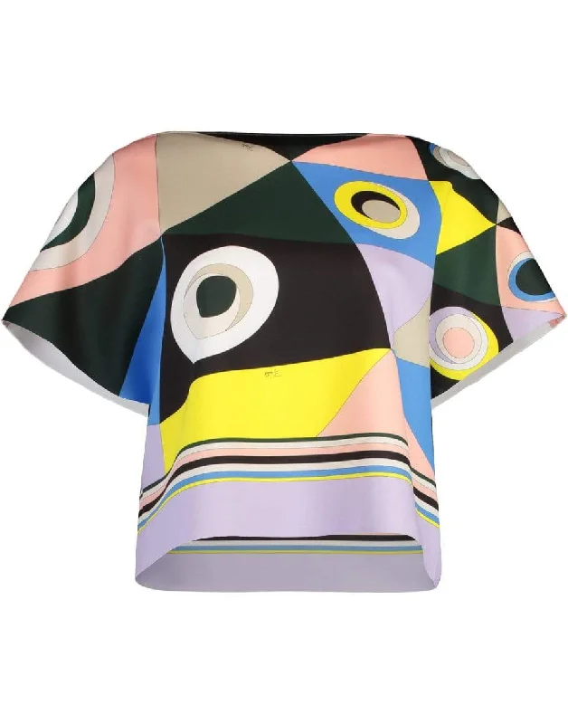 Verde Short Sleeve Printed Boxy Blouse Elegant Semi-Sheer Blouse