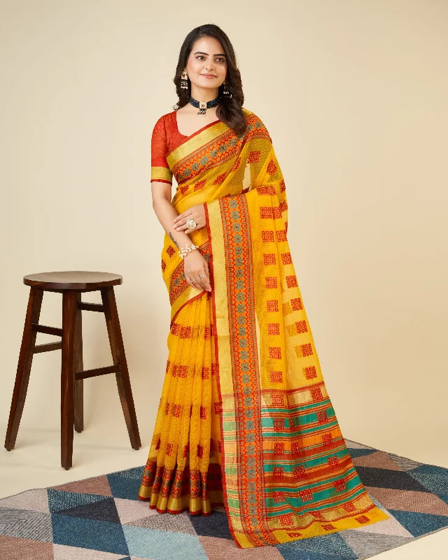 Women Yellow Kota Doriya Soft Silk Weaving Work Saree With Un-Stiched Blouse Semi-Sheer Blouse Women Yellow Kota Doriya Soft Silk Weaving Work Saree With Un-Stiched Blouse Semi-Sheer Blouse