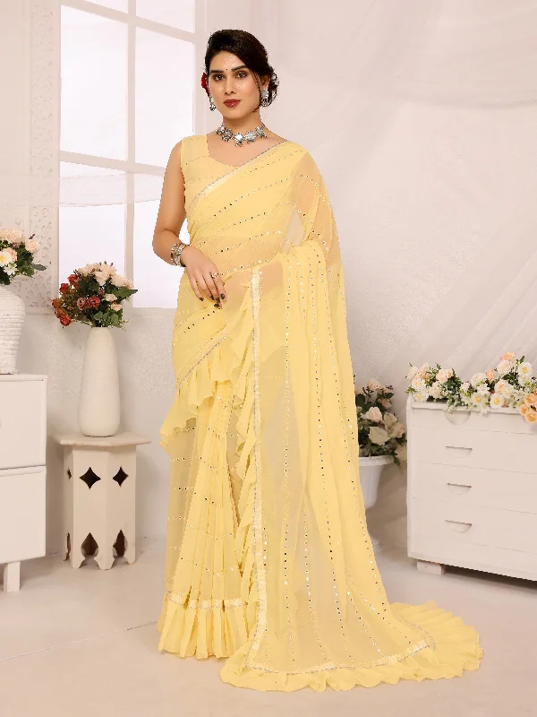 Women Yellow Georgette Mirror Work Saree With Un-Stiched Blouse Semi-Sheer Blouse